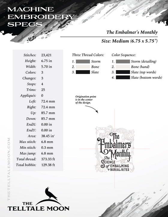 Embroidery: "The Embalmers Monthly" Antique Trade Design - Six Sizes - Three Thread Colors