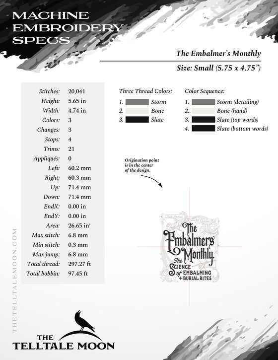 Embroidery: "The Embalmers Monthly" Antique Trade Design - Six Sizes - Three Thread Colors
