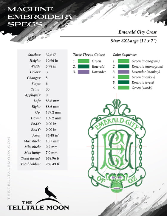 Embroidery Files: Emerald City Crest, Inspired by the Classic Book - Six Sizes 6 to 11 Inches Tall