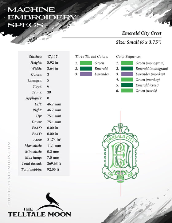 Embroidery Files: Emerald City Crest, Inspired by the Classic Book - Six Sizes 6 to 11 Inches Tall