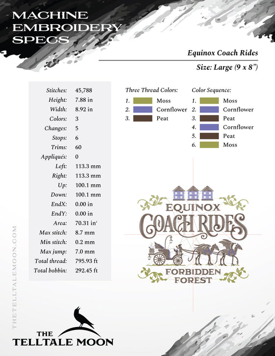 Embroidery: Wizarding "Equinox Coach Rides" Sign - Two Styles - Four Sizes Each, Between 7 and 10 Inches