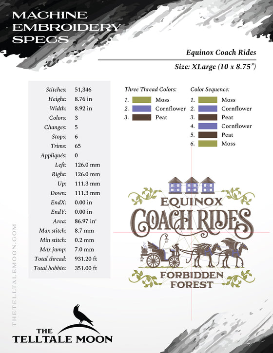 Embroidery: Wizarding "Equinox Coach Rides" Sign - Two Styles - Four Sizes Each, Between 7 and 10 Inches