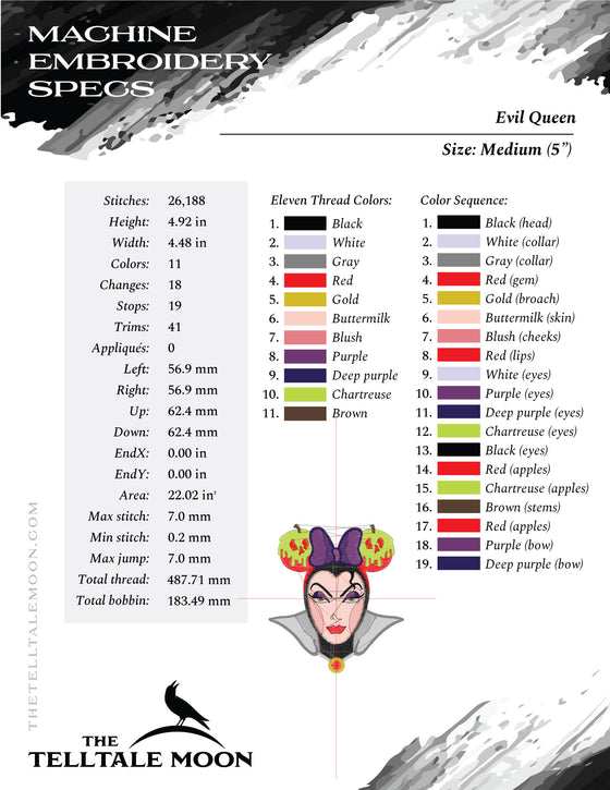 Embroidery Set: Wicked Queen with "Poison Apple Ears" in 4, 5, and 6 Inch Sizes