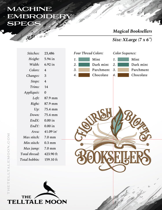Embroidery: Magical Book Shoppe Logo in Five Sizes 4-8 Inches Wide, with Four Thread Colors