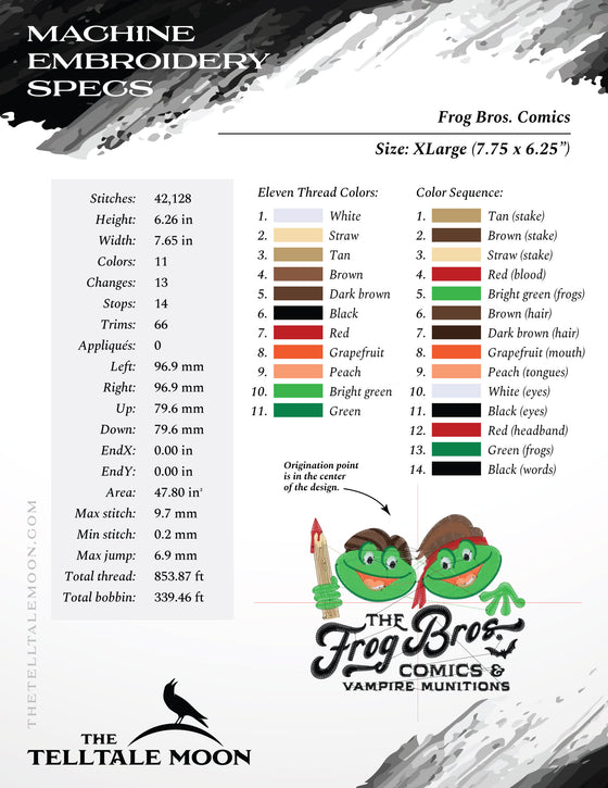 Embroidery Files: "Frog Bros. Comics" Logo - Five Sizes 5.5 to 9 Inches