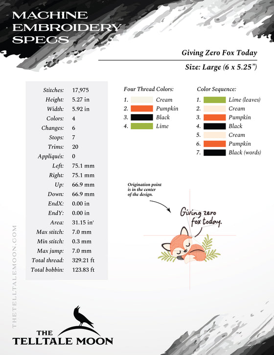 Embroidery: "Giving Zero Fox Today" Cute Pun - 4, 5, 6, and 7 Inches