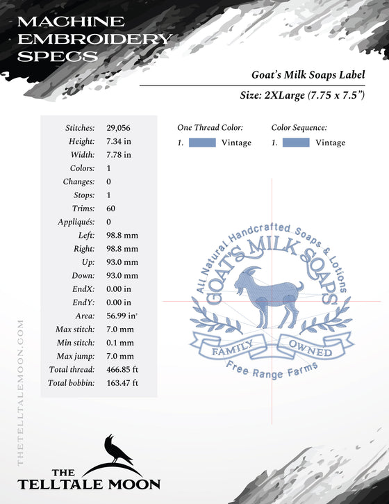 Embroidery: Classic "Goat's Milk Soap" Sign and Label Design - Six Sizes About 5 to 9 Inches Tall