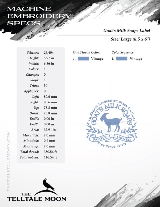 Embroidery: Classic "Goat's Milk Soap" Sign and Label Design - Six Sizes About 5 to 9 Inches Tall