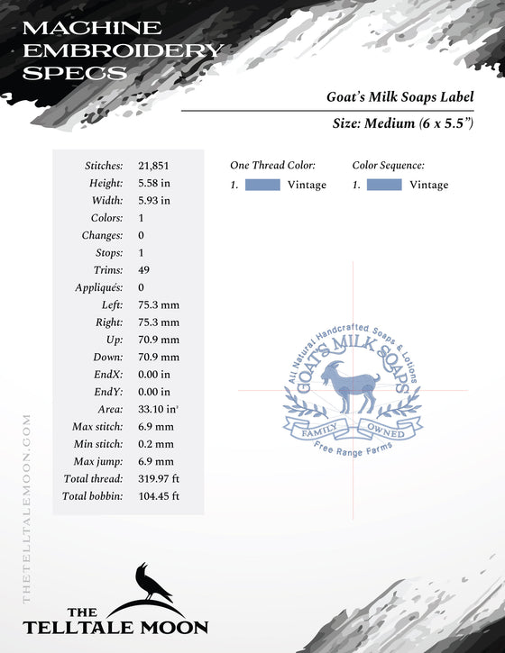 Embroidery: Classic "Goat's Milk Soap" Sign and Label Design - Six Sizes About 5 to 9 Inches Tall