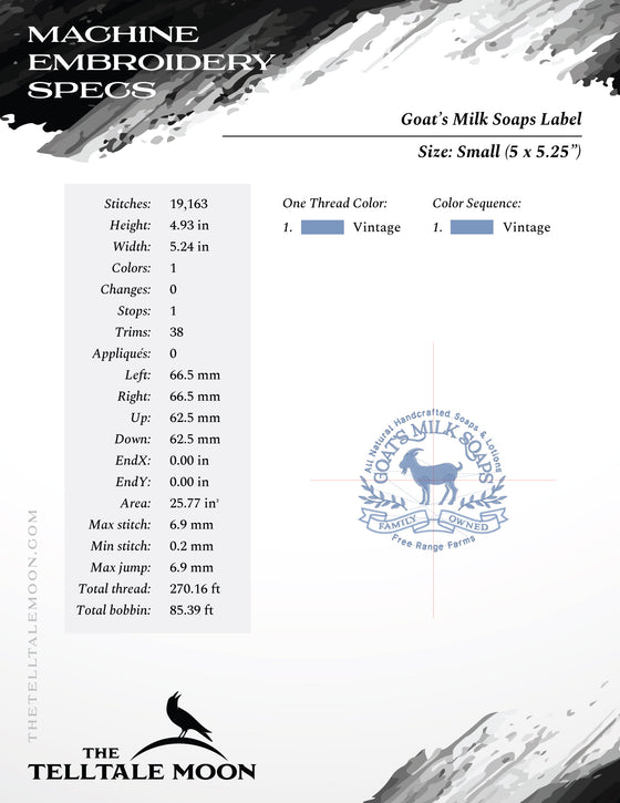 Embroidery: Classic "Goat's Milk Soap" Sign and Label Design - Six Sizes About 5 to 9 Inches Tall