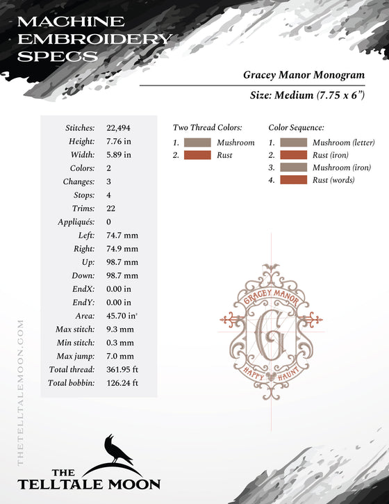 Embroidery: Gothic Gracey Mansion Monogram - Four Sizes 6.5 to 10.5 Inches