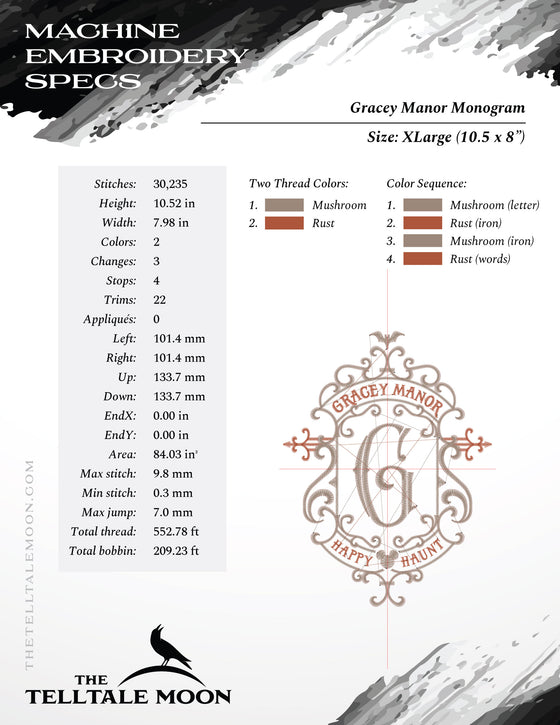 Embroidery: Gothic Gracey Mansion Monogram - Four Sizes 6.5 to 10.5 Inches