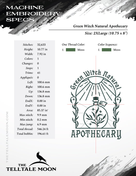 Embroidery: "Green Witch Natural Apothecary" Witchy Design - Five Sizes