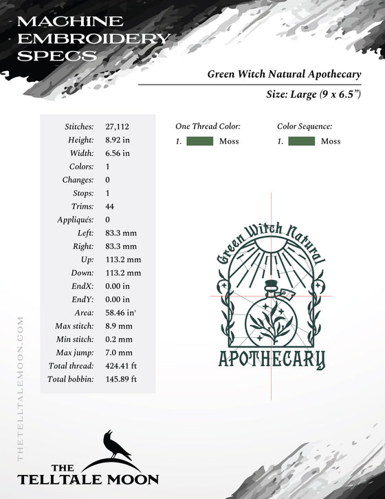 Embroidery: "Green Witch Natural Apothecary" Witchy Design - Five Sizes