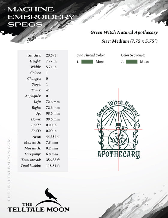 Embroidery: "Green Witch Natural Apothecary" Witchy Design - Five Sizes