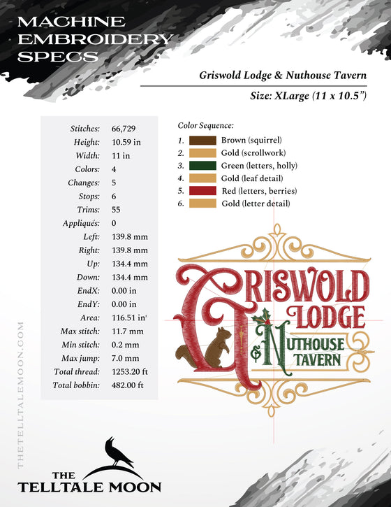 Embroidery: "Griswold Lodge & Nuthouse Tavern" - Three Sizes 6.5, 7.75, and 11 Inches - Four Thread Colors