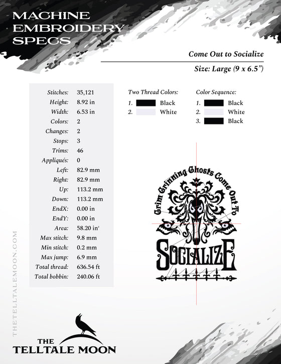 Embroidery Files: Gothic "Socialize" Design Inspired by Haunted Mansion - Five Sizes - Two Thread Colors