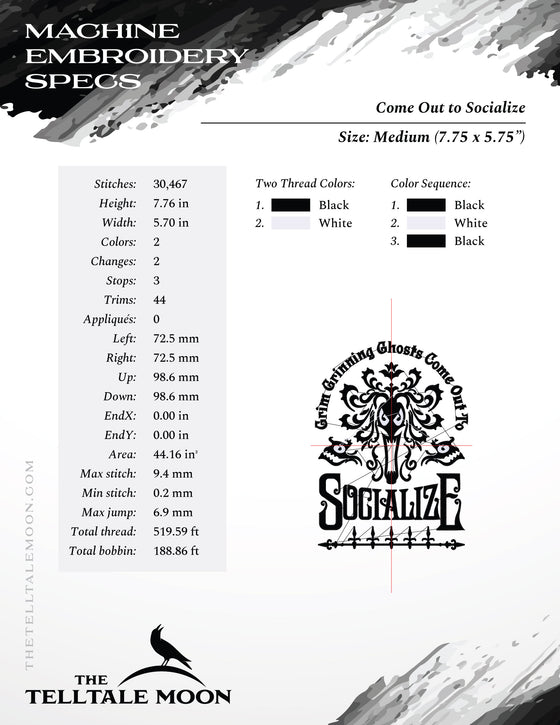 Embroidery Files: Gothic "Socialize" Design Inspired by Haunted Mansion - Five Sizes - Two Thread Colors