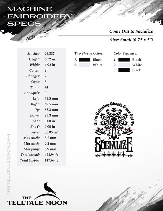 Embroidery Files: Gothic "Socialize" Design Inspired by Haunted Mansion - Five Sizes - Two Thread Colors