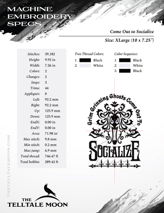 Embroidery Files: Gothic "Socialize" Design Inspired by Haunted Mansion - Five Sizes - Two Thread Colors