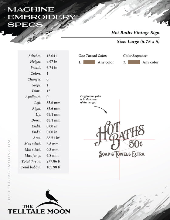 Embroidery: Hot Baths Vintage-style Sign - Four Sizes 5 to 8 Inches Wide