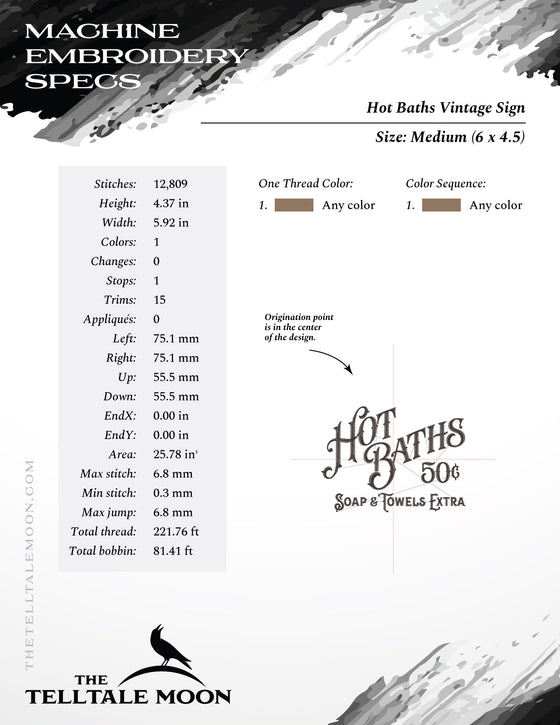 Embroidery: Hot Baths Vintage-style Sign - Four Sizes 5 to 8 Inches Wide