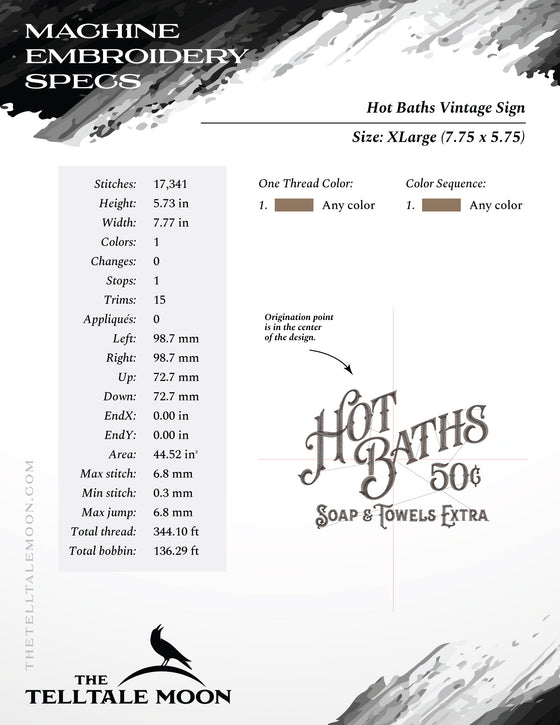 Embroidery: Hot Baths Vintage-style Sign - Four Sizes 5 to 8 Inches Wide
