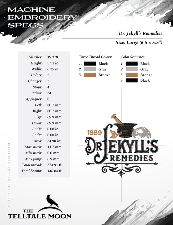 Embroidery Files: Dr. Jekyll's Remedies (4.75, 5.5, and 6 Inches Wide, Plus Drink Cozy Pattern))