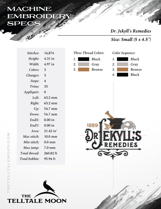 Embroidery Files: Dr. Jekyll's Remedies (4.75, 5.5, and 6 Inches Wide, Plus Drink Cozy Pattern))
