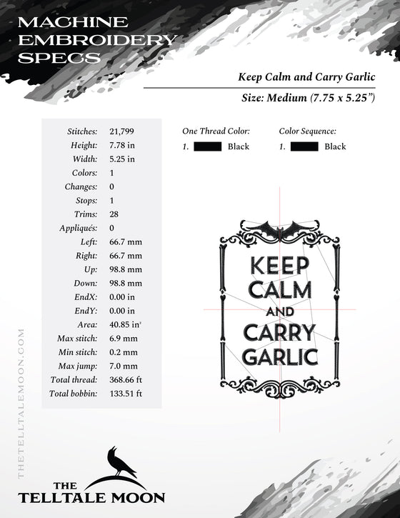 Embroidery: "Keep Calm and Carry Garlic" - Four Sizes Between 7 and 10 Inches Tall