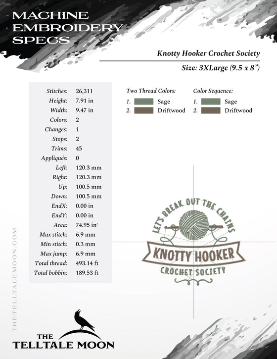 Embroidery: "Knotty Hookers Crochet Society" - 5, 6, 7, 8, 9, 10, and 12 Inches