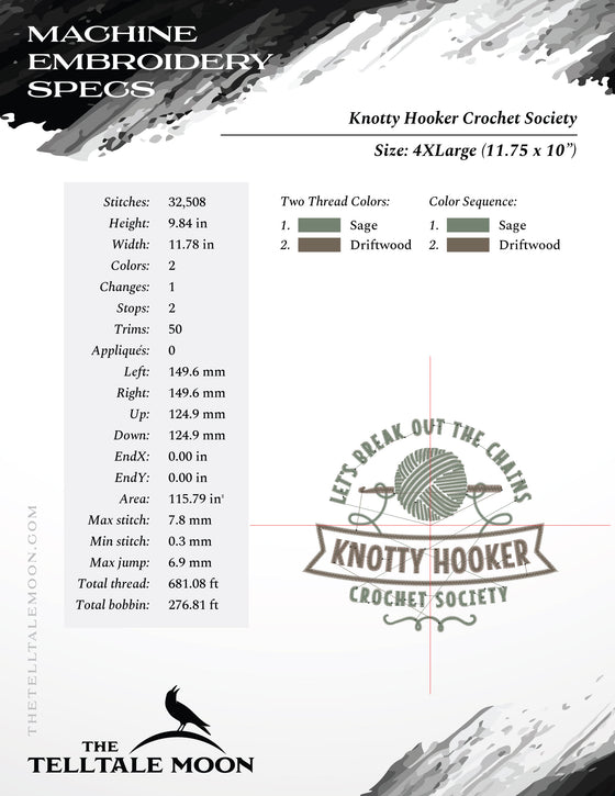 Embroidery: "Knotty Hookers Crochet Society" - 5, 6, 7, 8, 9, 10, and 12 Inches