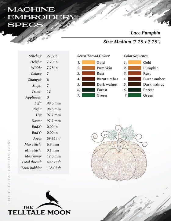 Embroidery: Lace Pumpkin - Four Sizes 7 to 12 Inches Square - Seven Thread Colors