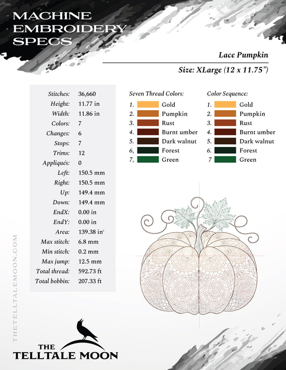 Embroidery: Lace Pumpkin - Four Sizes 7 to 12 Inches Square - Seven Thread Colors