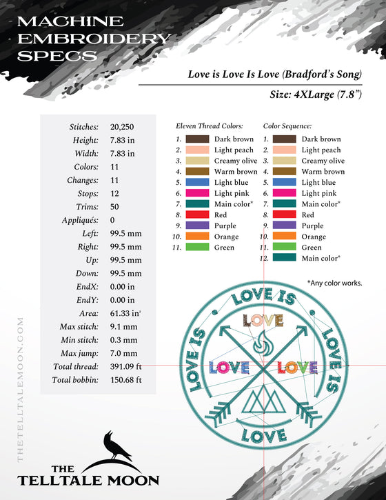 Embroidery Files: "Love is Love is Love" (Bradford's Song) in Seven Sizes Between 3.5 and 7.8 Inches