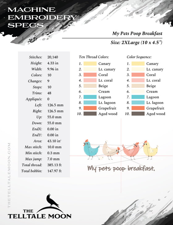 Embroidery: "My Pets Poop Breakfast" Farmhouse Humor - Six Sizes 5 to 12 Inches Wide