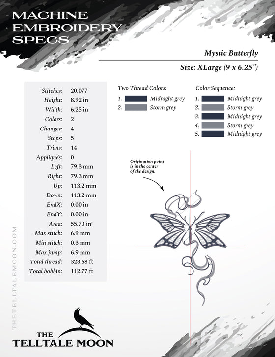 Embroidery: Mystic Butterfly Design - 4, 5, 6, 7, 8, 9, 10 Inches Tall