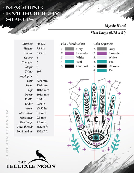 Embroidery: Folk Magic Palmistry Design (7 and 8.5 Inches Tall, in 5 Thread Colors)