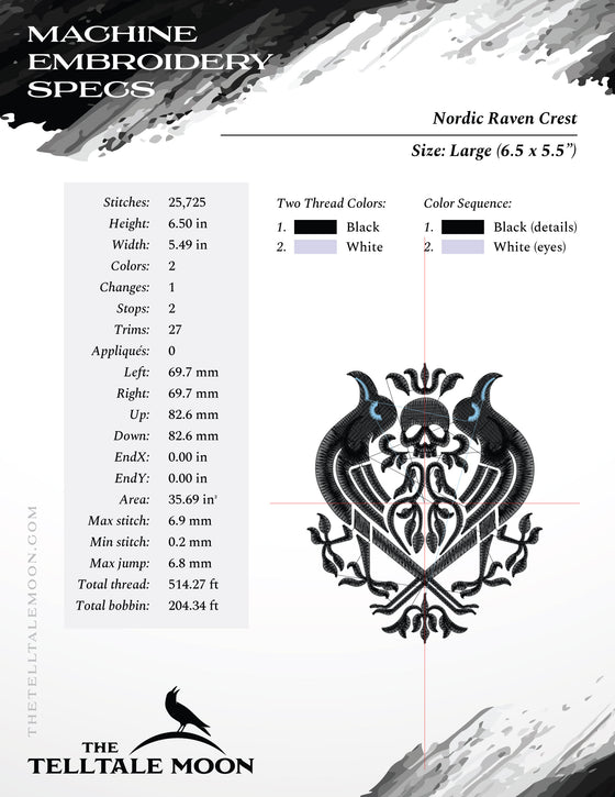 Embroidery: Nordic Raven Crest in Three Sizes Between 5 and 6.5 Inches