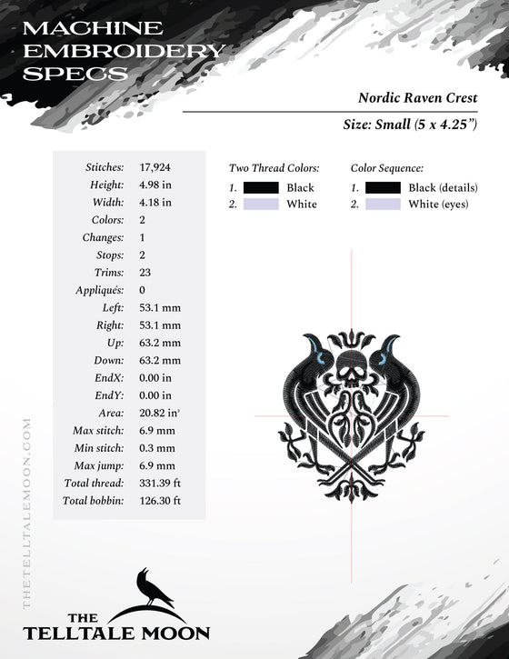 Embroidery: Nordic Raven Crest in Three Sizes Between 5 and 6.5 Inches