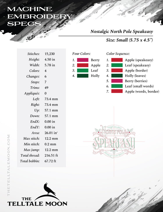 Embroidery: Run-stitch "Nostalgic North Pole Speakeasy" - Seven Sizes - Four Thread Colors