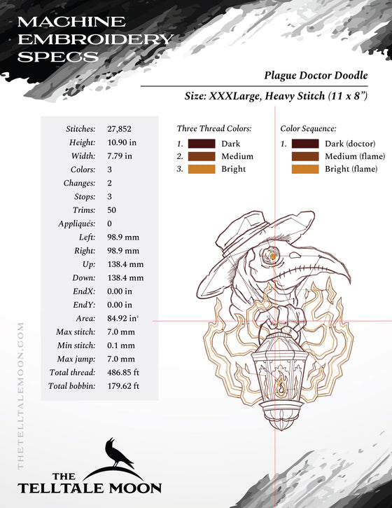 Embroidery: Plague Doctor Doodle (5, 6, 7, 8, 10, and 11 Inches Tall, Three Colors)