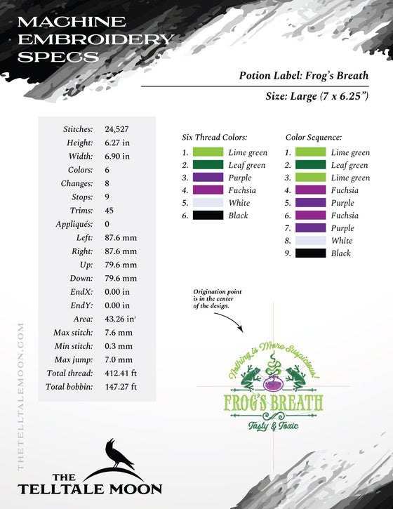 Embroidery: "Frog's Breath" - Four Sizes 5 to 8 Inches Wide - Six Thread Colors
