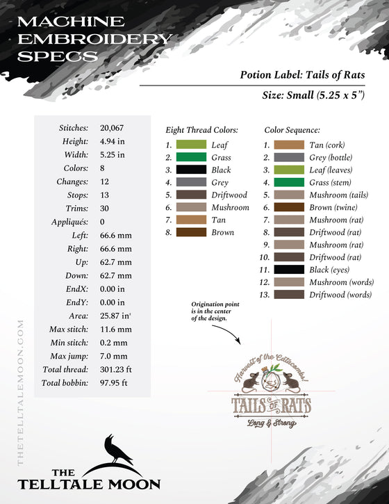 Embroidery: "Tails of Rats" - Four Sizes 5 to 8 Inches Wide - Eight Thread Colors
