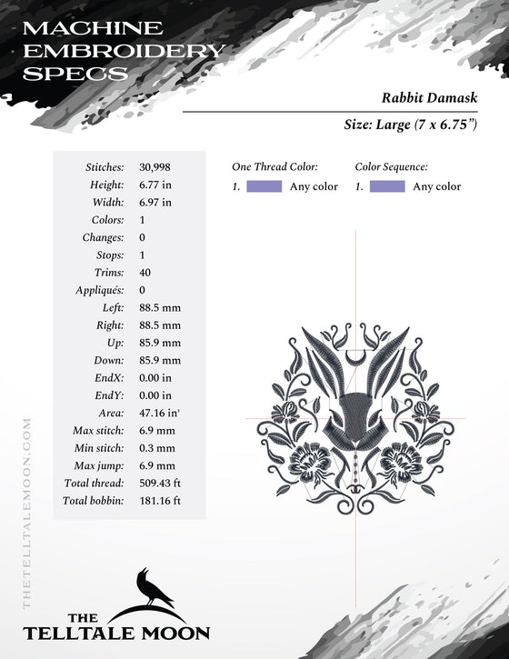 Embroidery Files: Pretty, Gothic-style Rabbit Damask - Four Sizes Between 5 and 8 Inches - One Thread Color