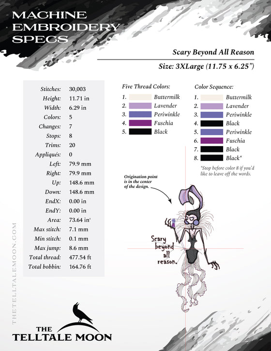 Embroidery: "Scary Beyond All Reason" - Six Sizes 6 to 12 Inches Tall