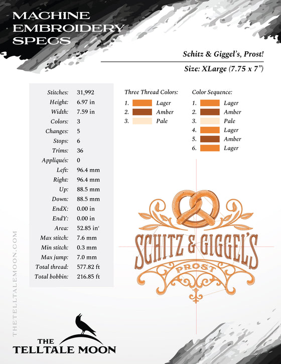 Embroidery: "Schitz & Giggels" Humor, Fun for Beer Fests, Man Caves, Kitchens - Five Sizes 5.5 to 8.5 Inches