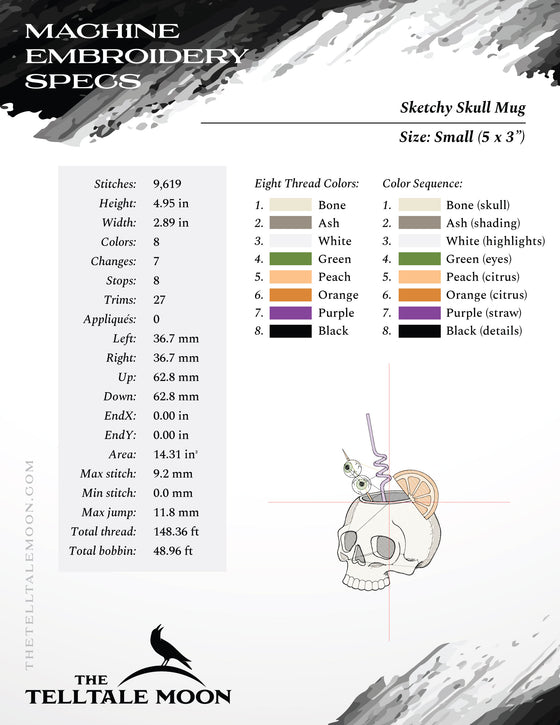 Embroidery: Sketchy Skull Mug - Five Sizes 4 to 8 Inches Tall - Eight Thread Colors