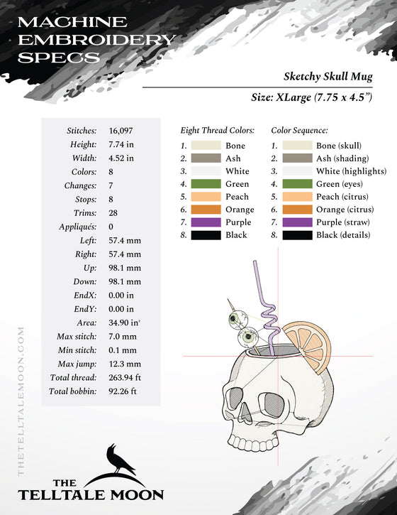 Embroidery: Sketchy Skull Mug - Five Sizes 4 to 8 Inches Tall - Eight Thread Colors