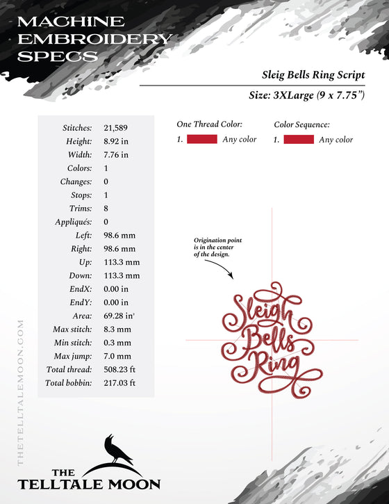 Embroidery: "Sleigh Bells Ring" Script - Five Sizes 4 to 8 Inches Tall